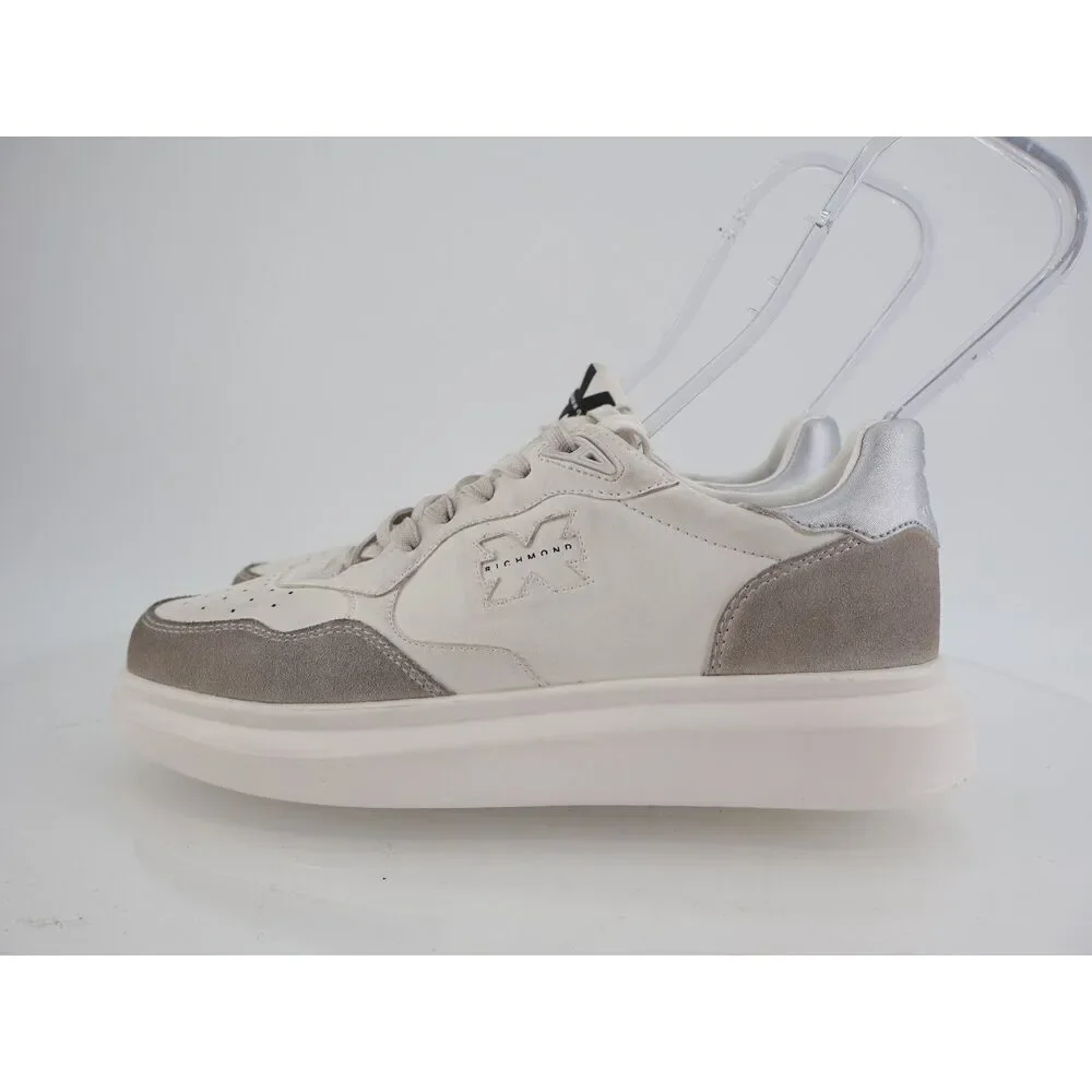 John Richmond Low Top Distressed Sneaker Size 41 10.5 White Tan Leather Lace Up